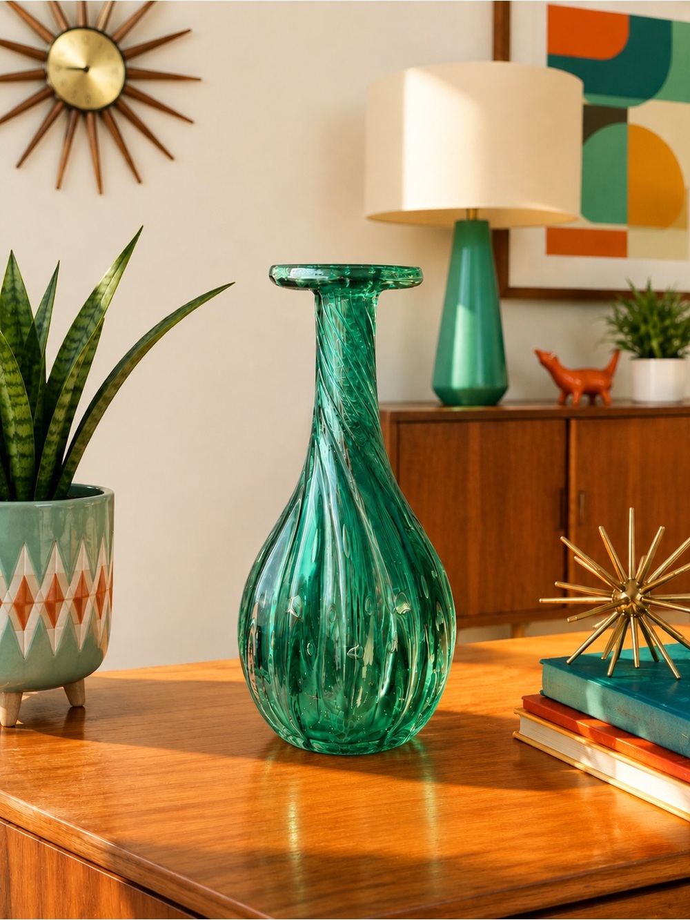 1970s Studio Postmodern Italian Teal Swirl Control Bubble Disk Lip Vase 7 7/8”
